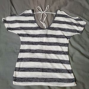 Wet Seal Striped Gray Shoulder Cut Out Tee